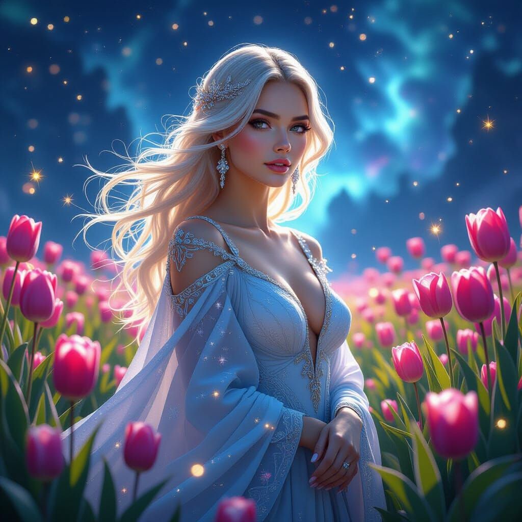 Regal Woman in Cosmic Garden with Starlight Hair