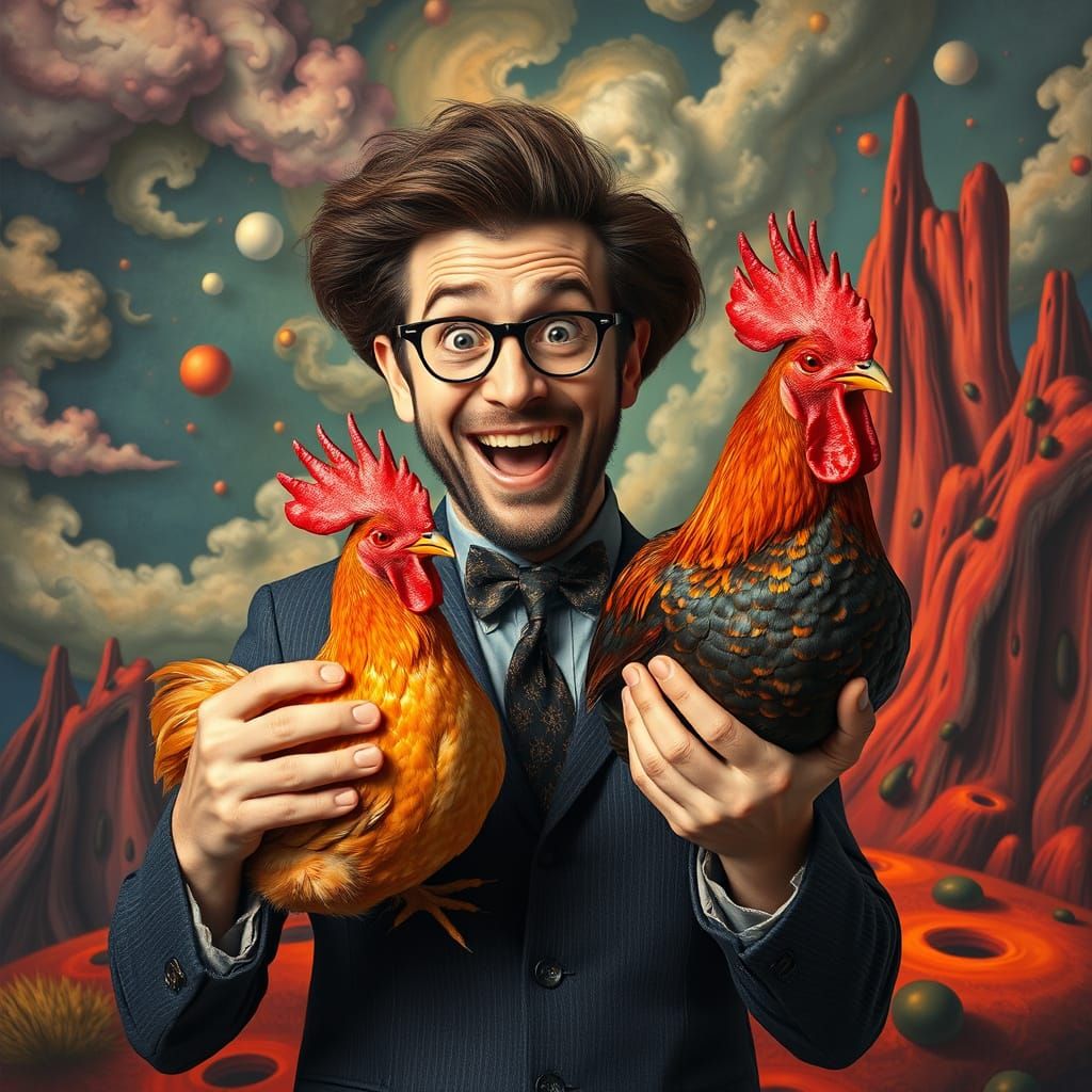 Surreal Man Holds Lava Chicken in Whimsical Dreamlike Scene