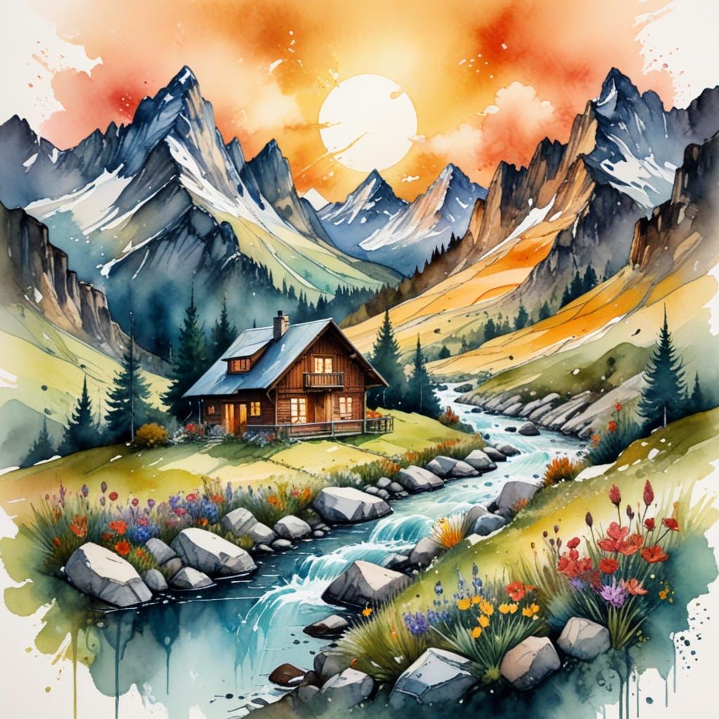 Alpine Mountain Retreat in Vibrant Watercolor Style