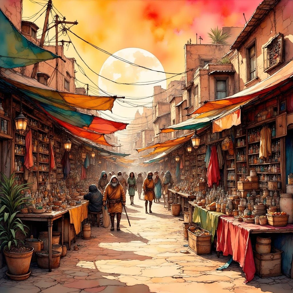 <lora:Ink Poet:1.0> Bustling, sun‑blasted bazaar on a desert world  of "Tatooine" straight out of Star Wars. The planet ...