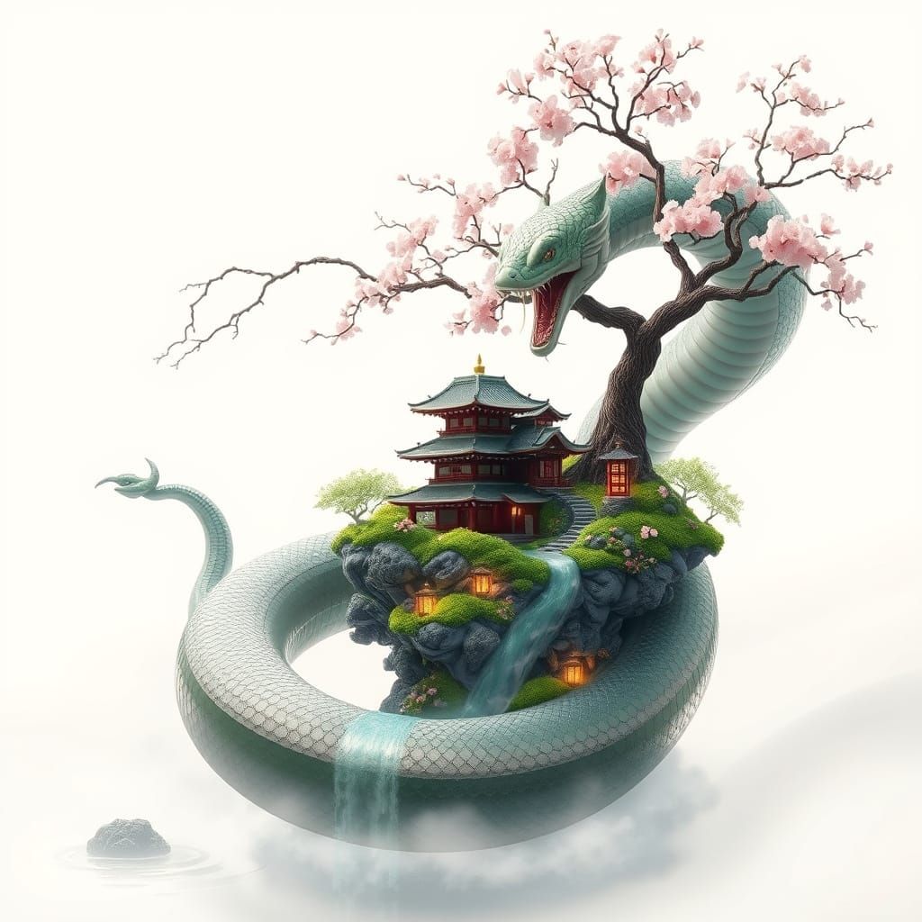 Surreal Serpent Coils Around Floating Island in Dreamy Ukiyo...