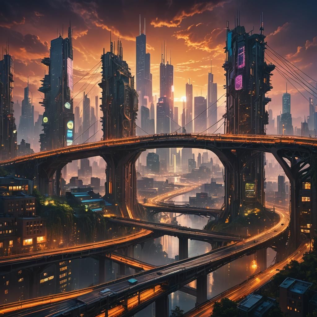 Futuristic Cityscape with Neon Bridge at Sunset