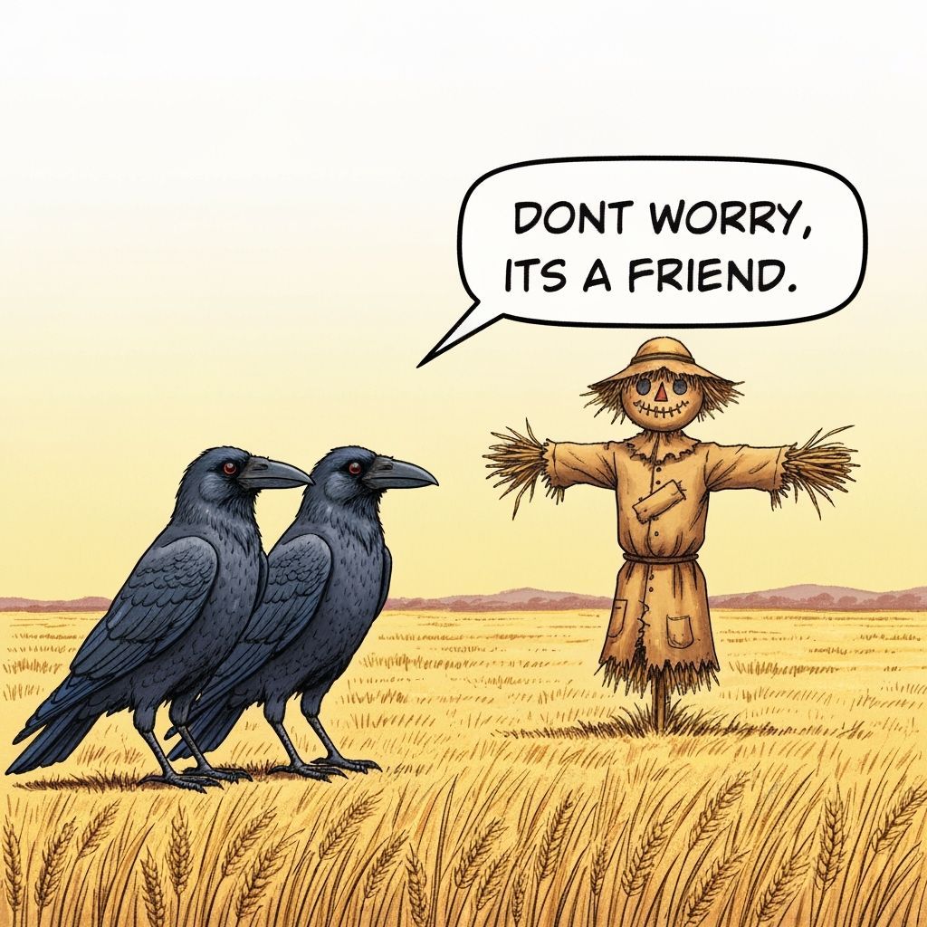 Crows and Scarecrow in Wheat Field, Fantasy Comic Style