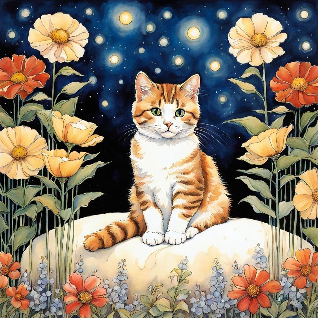 Cute Cat Surrounded by Flowers in Erotic Illustration Style