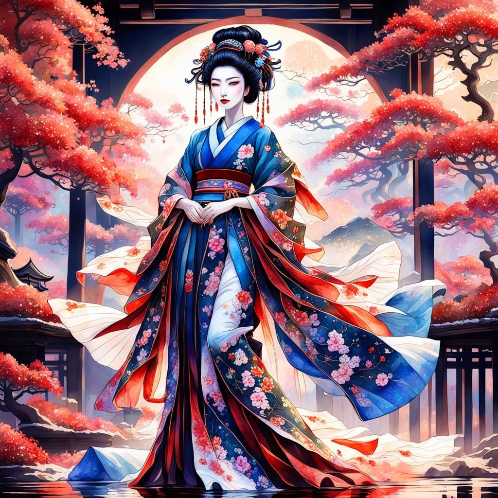 Dreamscape Geisha in Watercolor and Ink Art