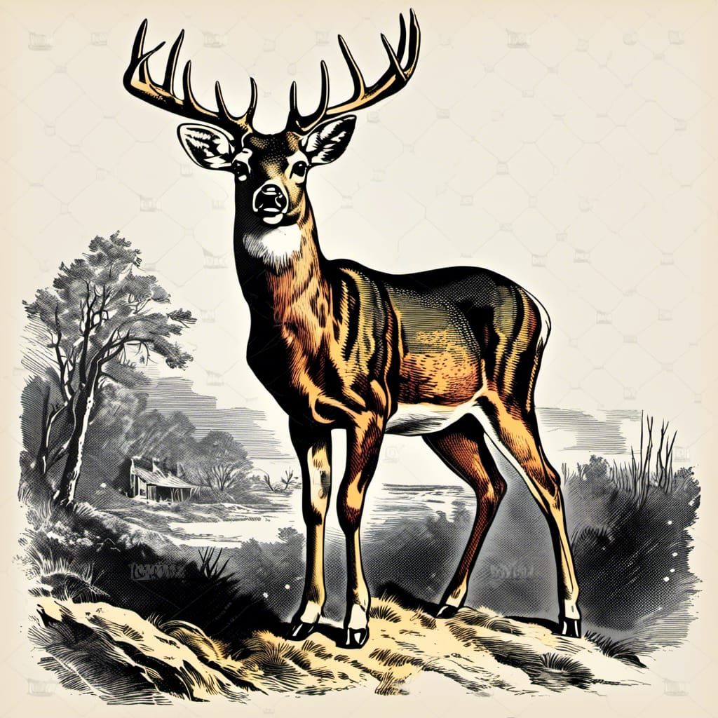 Vintage Clipart of White-Tailed Deer