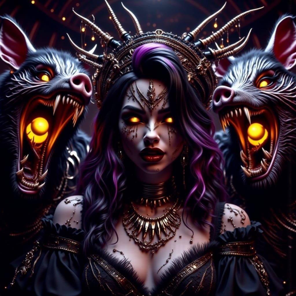 Dark Fantasy Wolves Terrorized by Baroque Pigs in a Haunting...