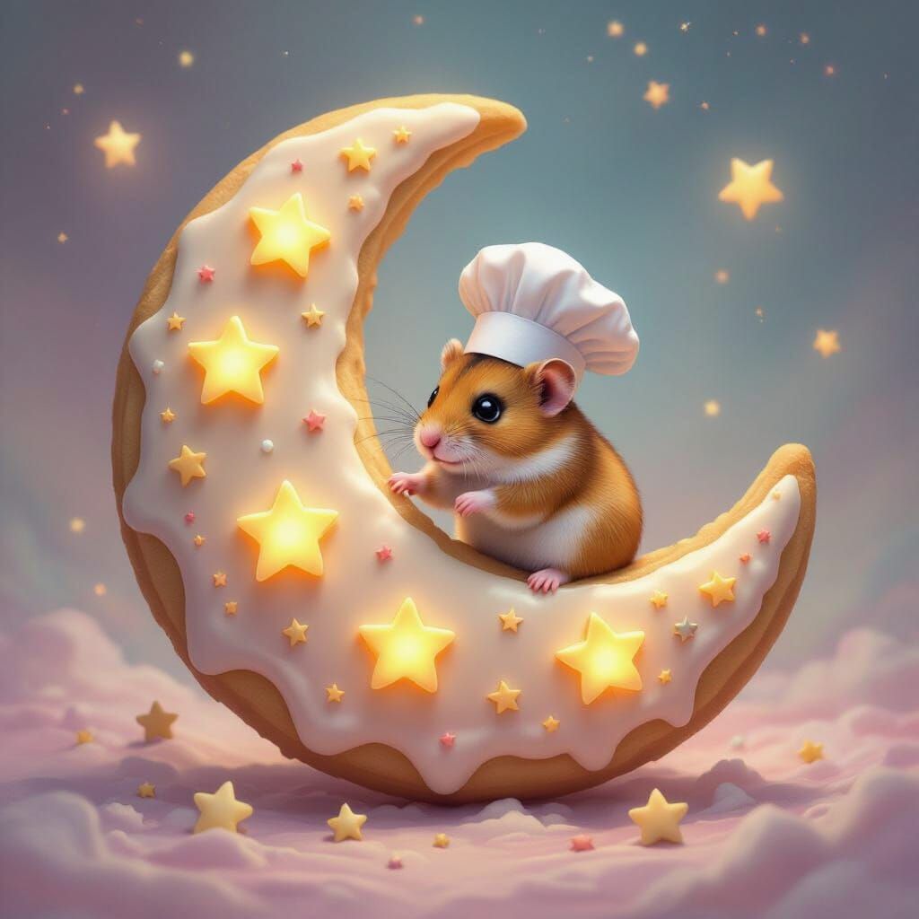 Hamster Chef Decorates Giant Moon Cookie in Surreal Nebula