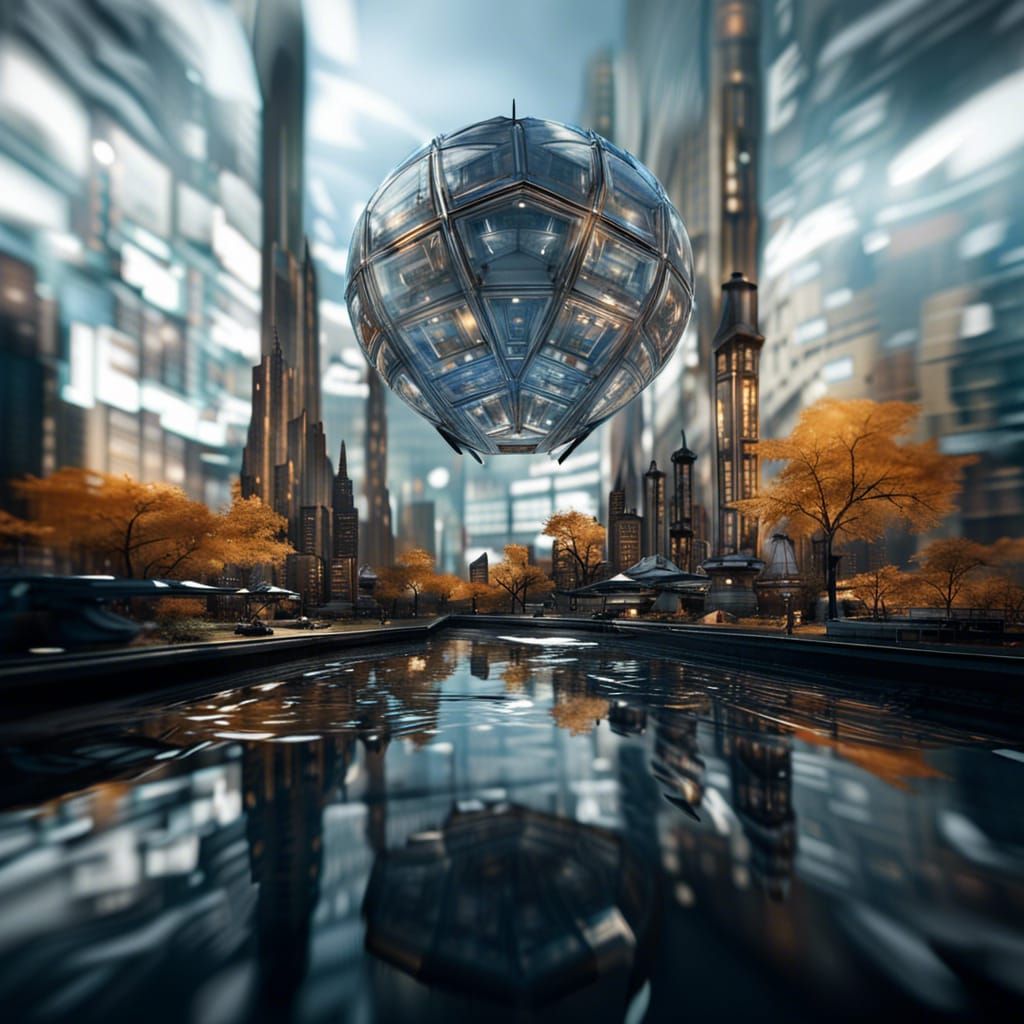 Futuristic Glass City in Steampunk Mondrian Style