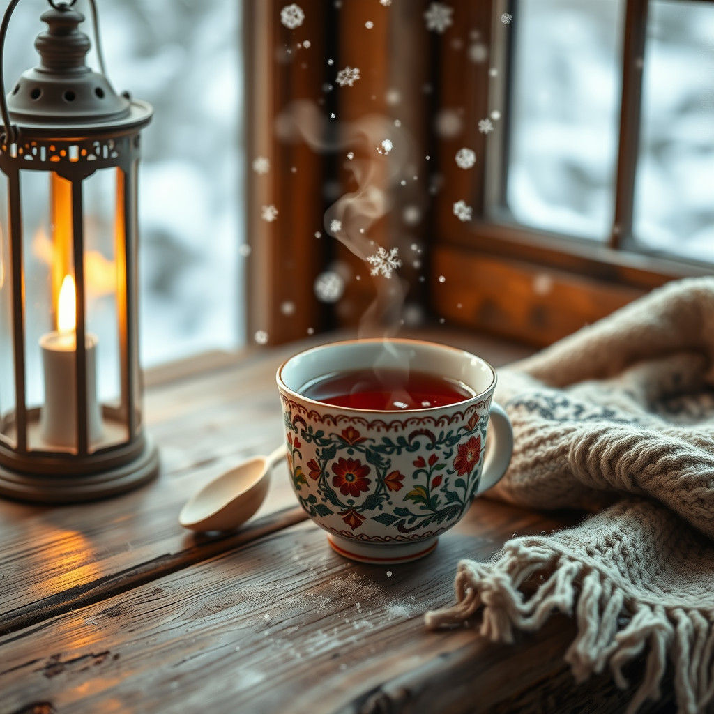 Ornate Teacup with Afghan Tea in Winter Scene