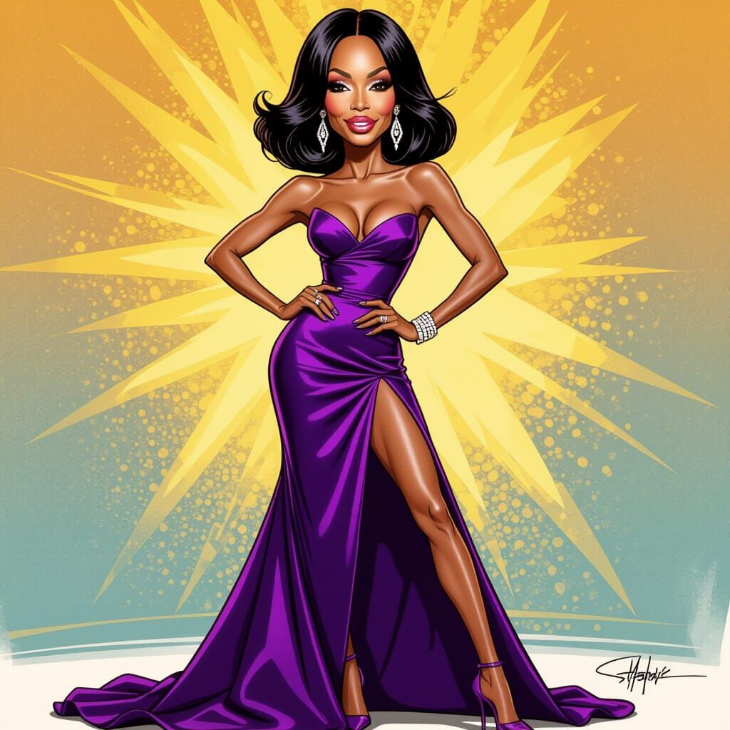 Humorous Caricature of Naomi Campbell in Evening Gown