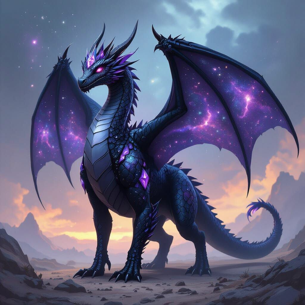 Majestic Black Dragon with Amethyst Crystals