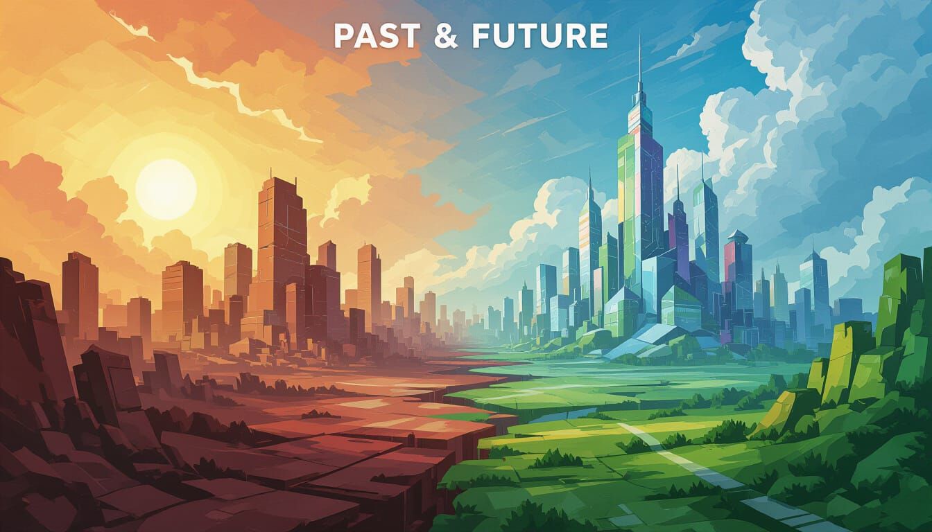 Cityscape Split: Crumbling Past Meets Verdant Future