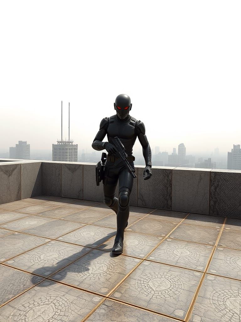 Android Hunter Strides Across Rooftop, Gun in Hand