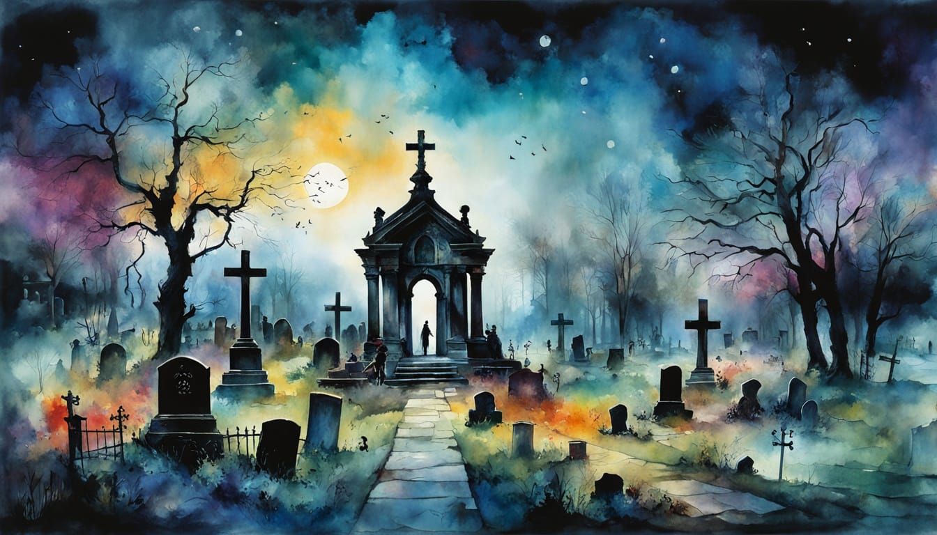 Whimsical Cemetery at Night in Watercolor and Ink