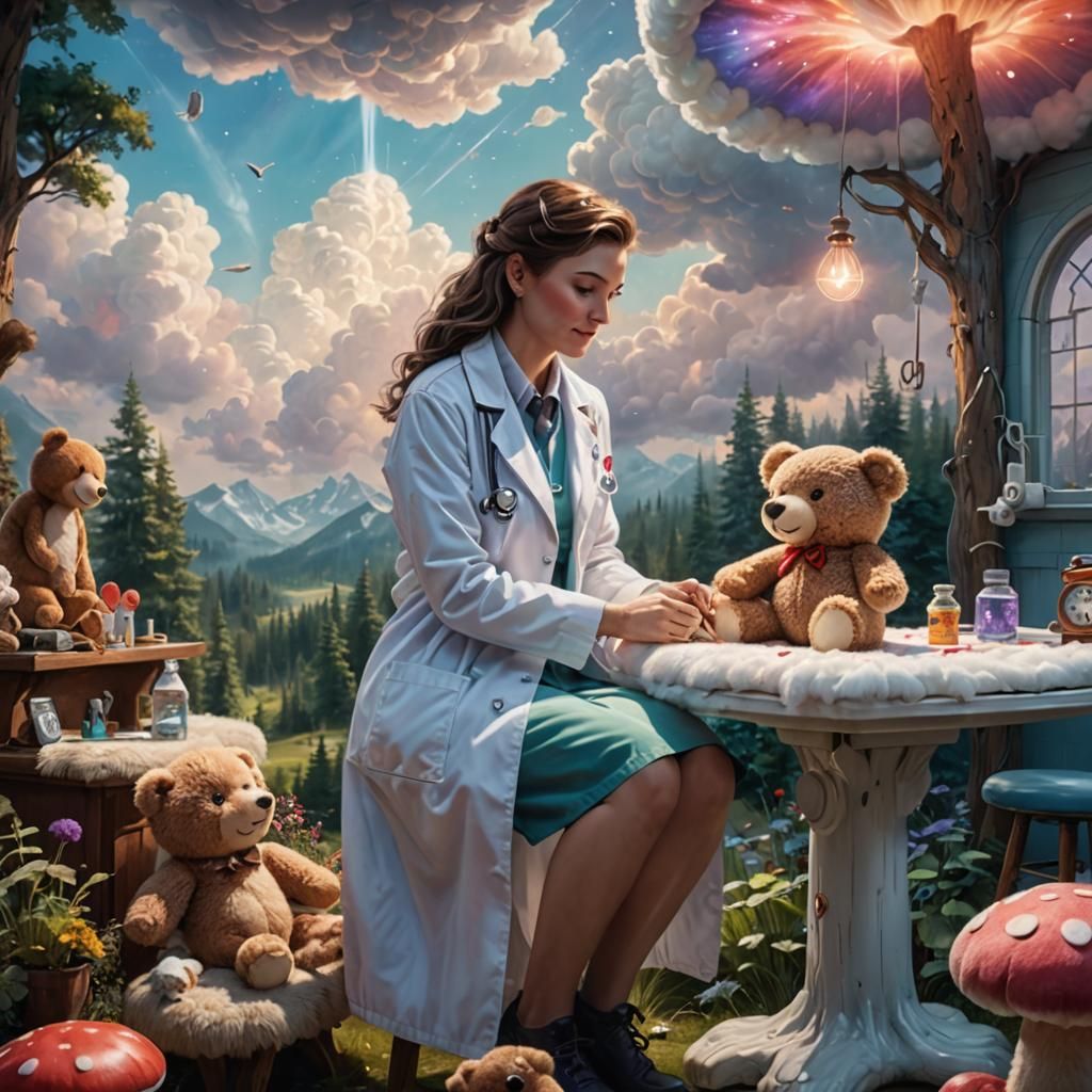 Doctor Examines Teddy Bear in Ethereal Clinic