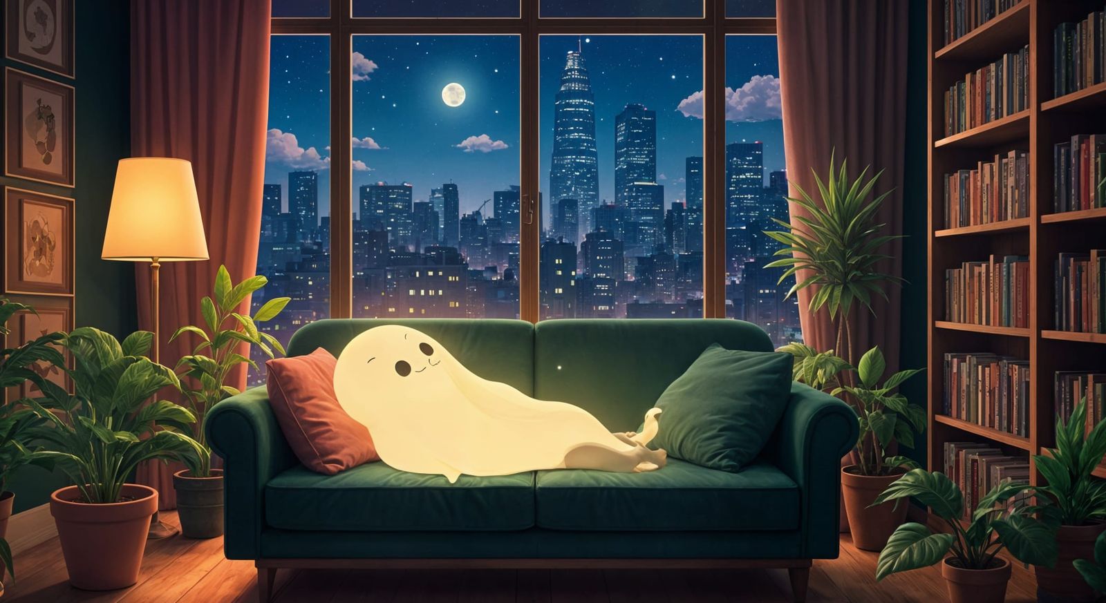 Lofi Ghost Reading by Window, Ghibli Anime Style