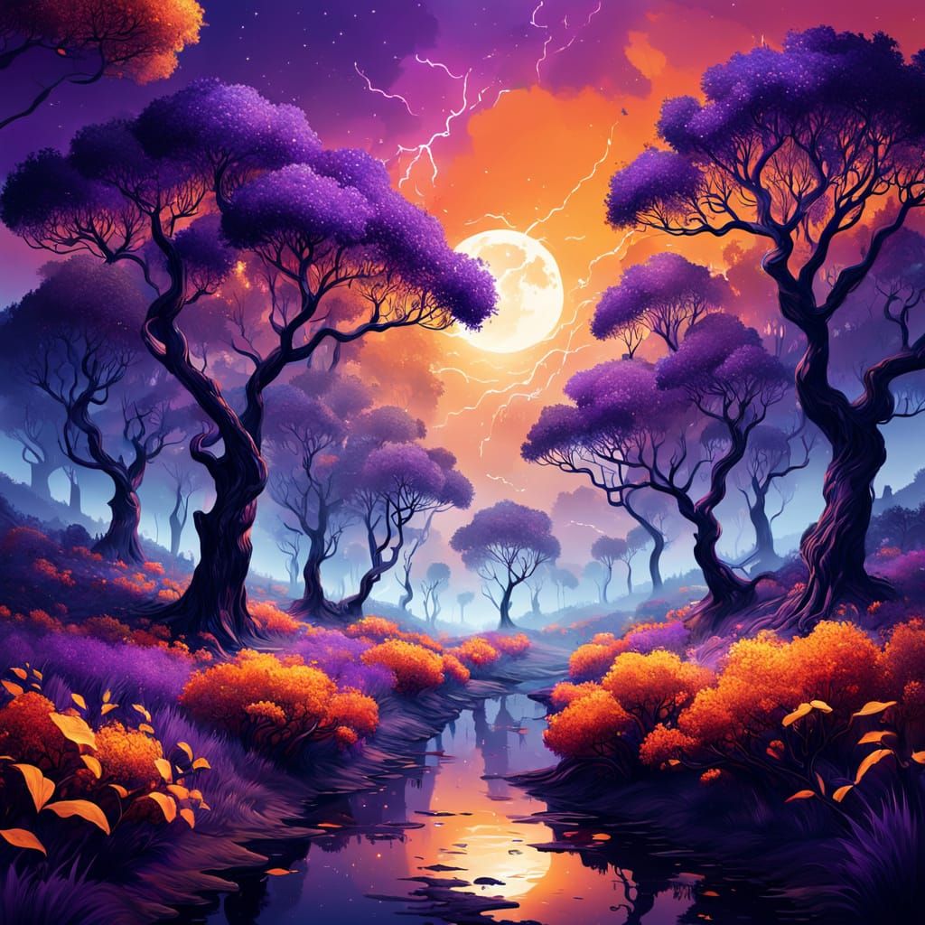 Vibrant Surreal Landscape with Orange Trees Under Purple Ski...