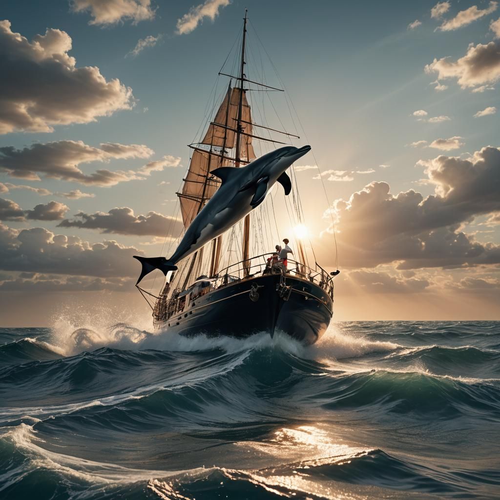 Mythic Dolphin Emerges Near Yacht: Digital Matte Painting