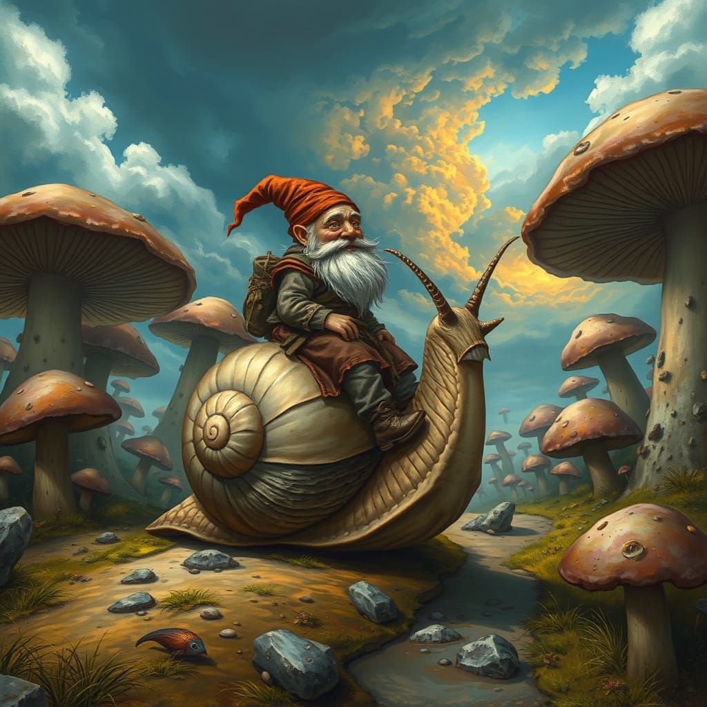 Fantastical Gnome Rides Giant Snail Through Whimsical Landsc...