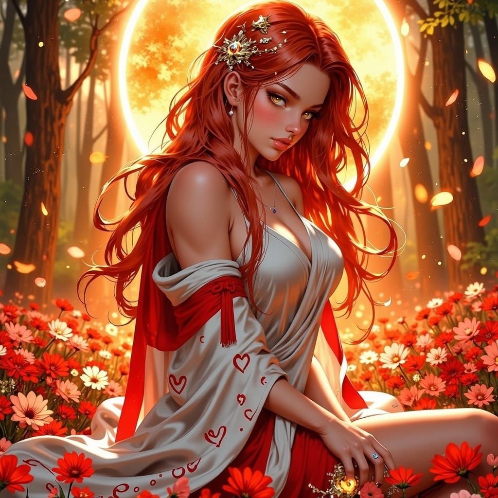 Majestic Healer in Flower Field, Anime Style