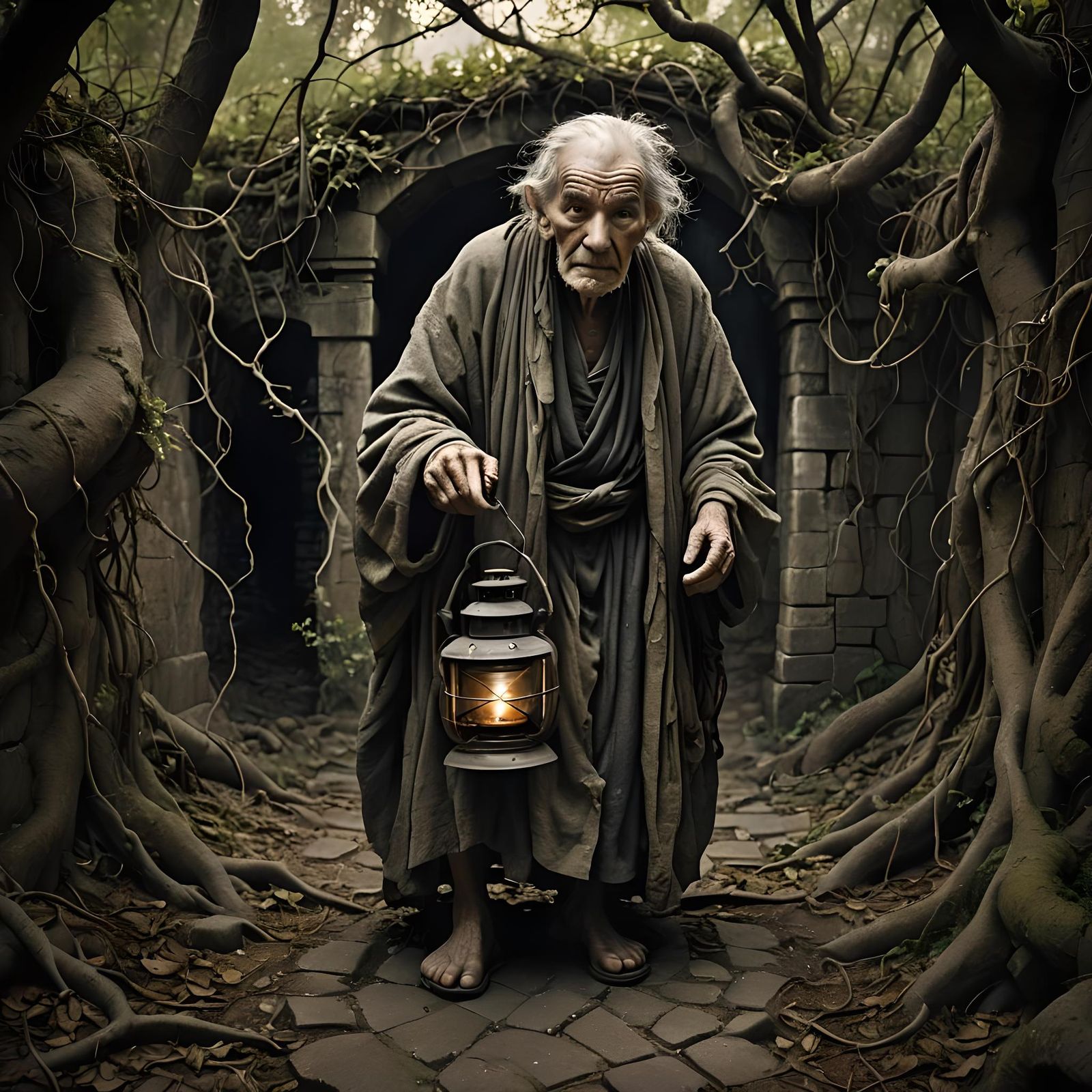 Gnarled Man in Labyrinth: Low-Key Horror Photography