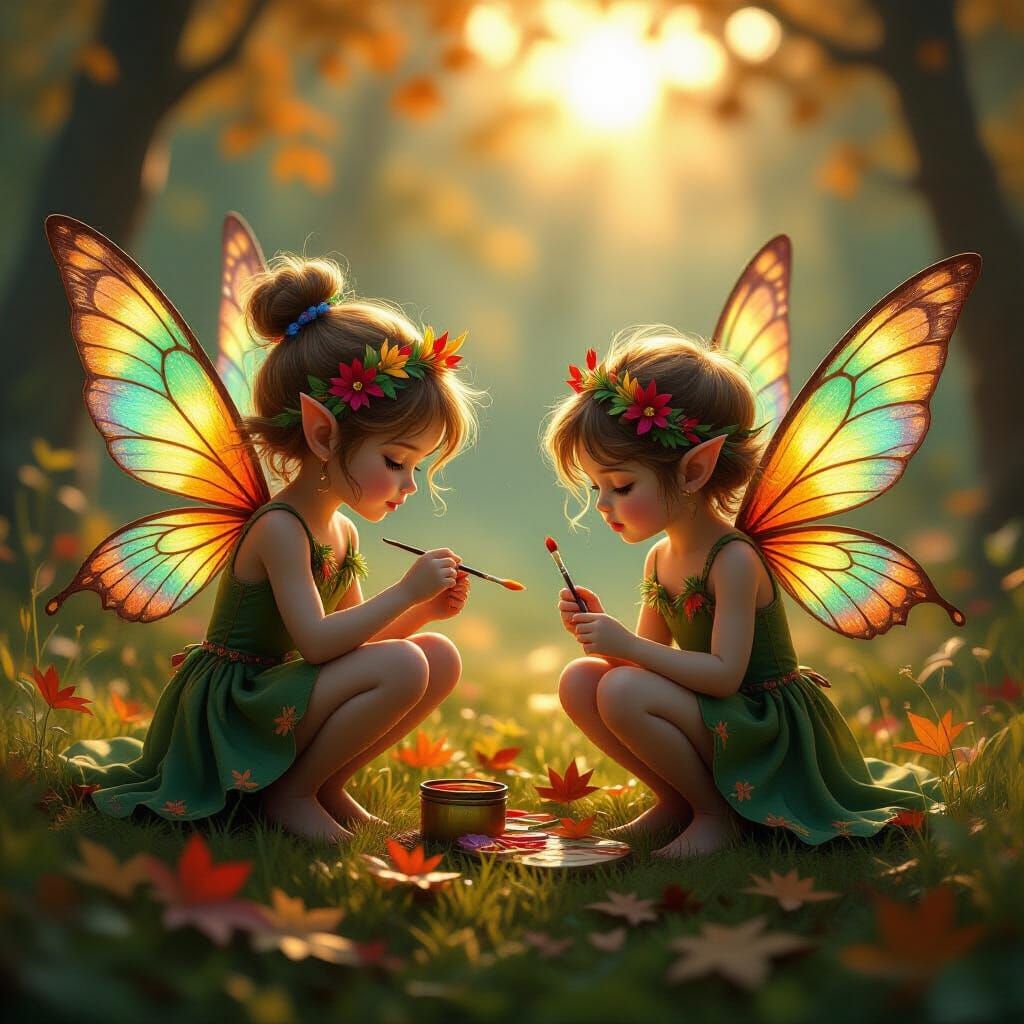 Magical Fairies Painting Autumn Leaves in Forest