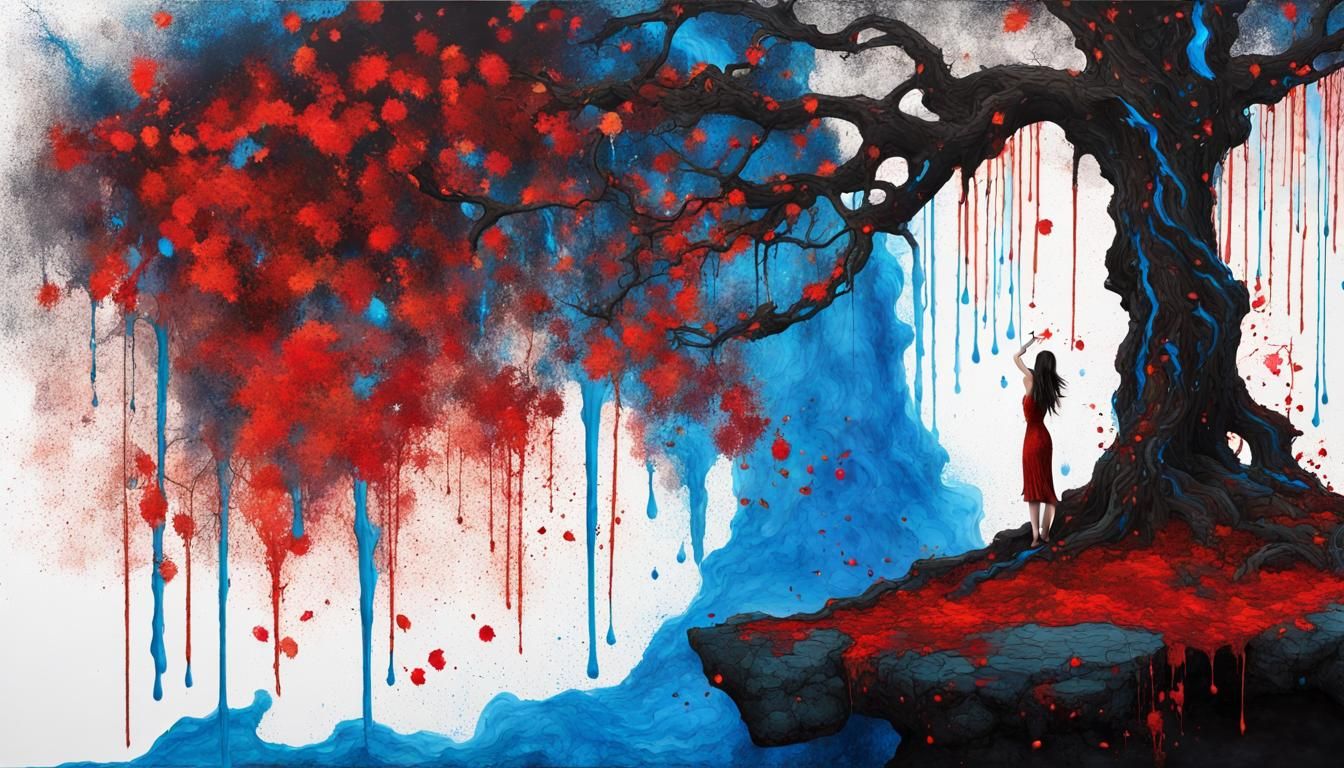 Ink Splatter Tree Near Electric Waterfall