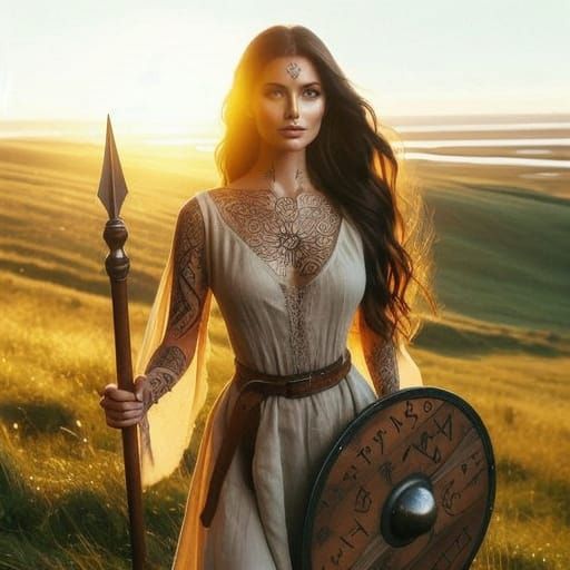 Norse Shieldmaiden Radiates Golden Morning Light