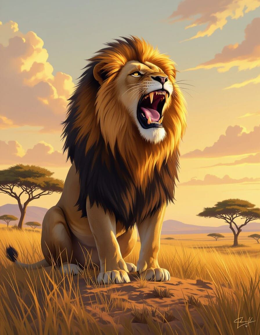 Majestic Lion on Savannah Rise at Dawn