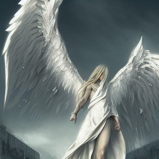 Angel Spreads Wings in Ruined City