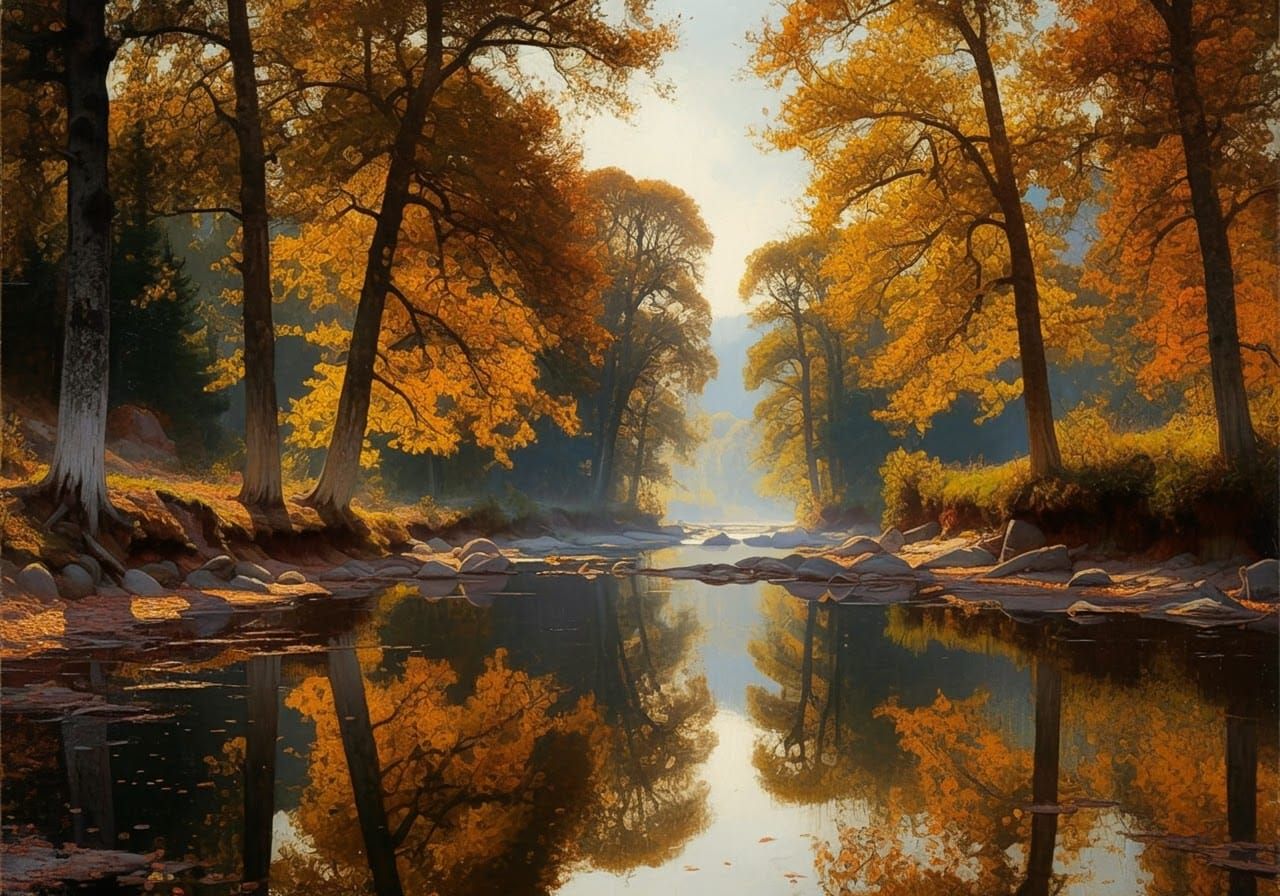 Autumn Forest Reflected in River, Bierstadt Style