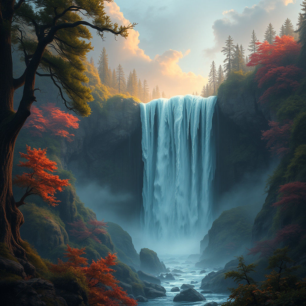 Mystical Waterfall in Primeval Forest: Matte Painting