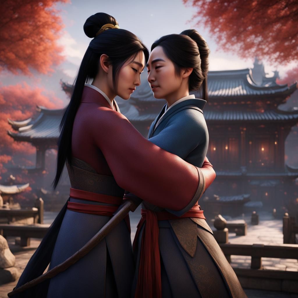 Mulan and Cho Chang Hug in Detailed Matte Painting