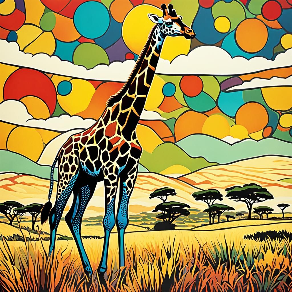 Smiling Giraffe in Pop Art Style on Serengeti