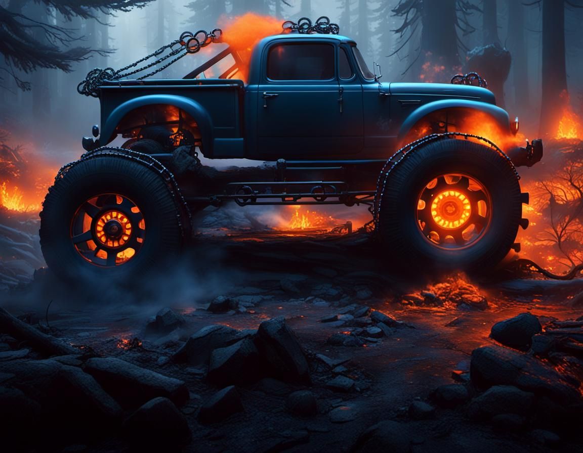 Smoking Black Ford Pickup in Mystical Forest