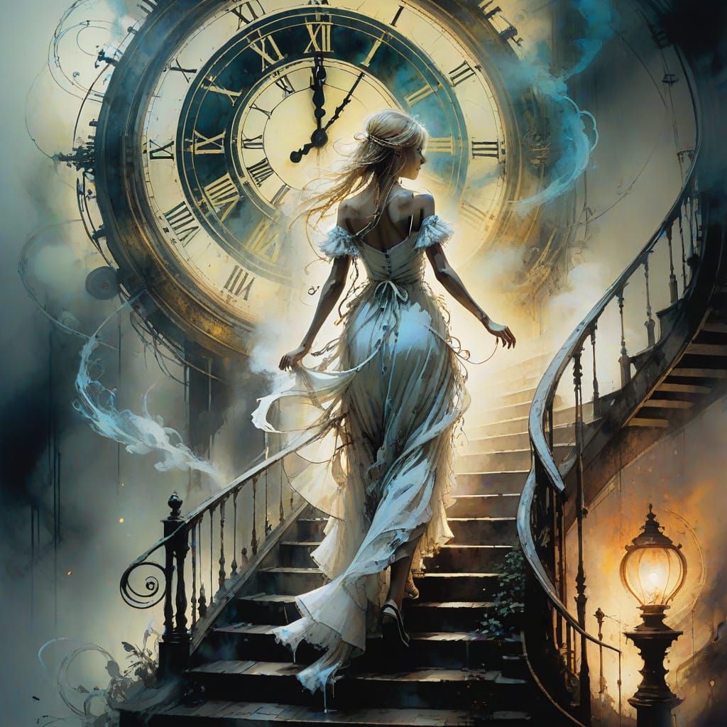 Dark Fantasy Woman Ascending Clock Tower Stairs
