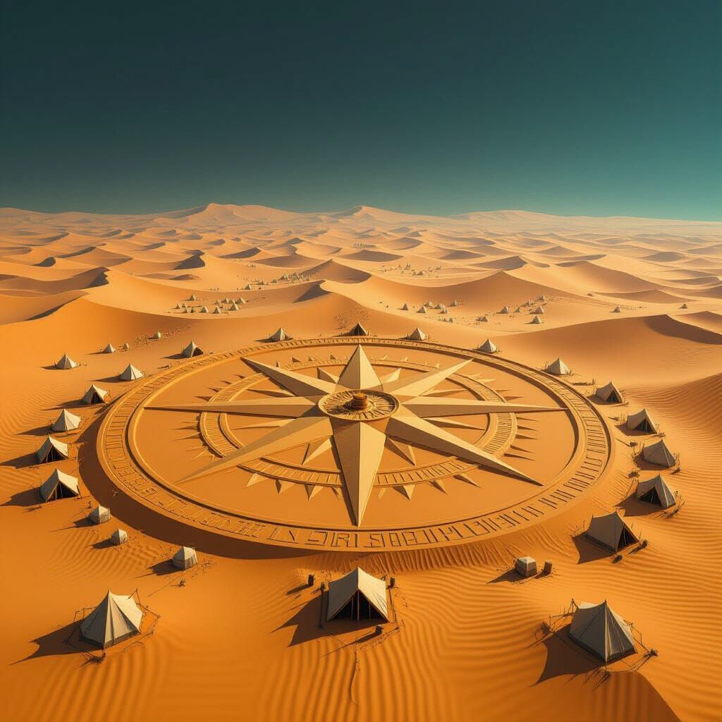 Surreal Desert Compass Rose in Geometric Landscape