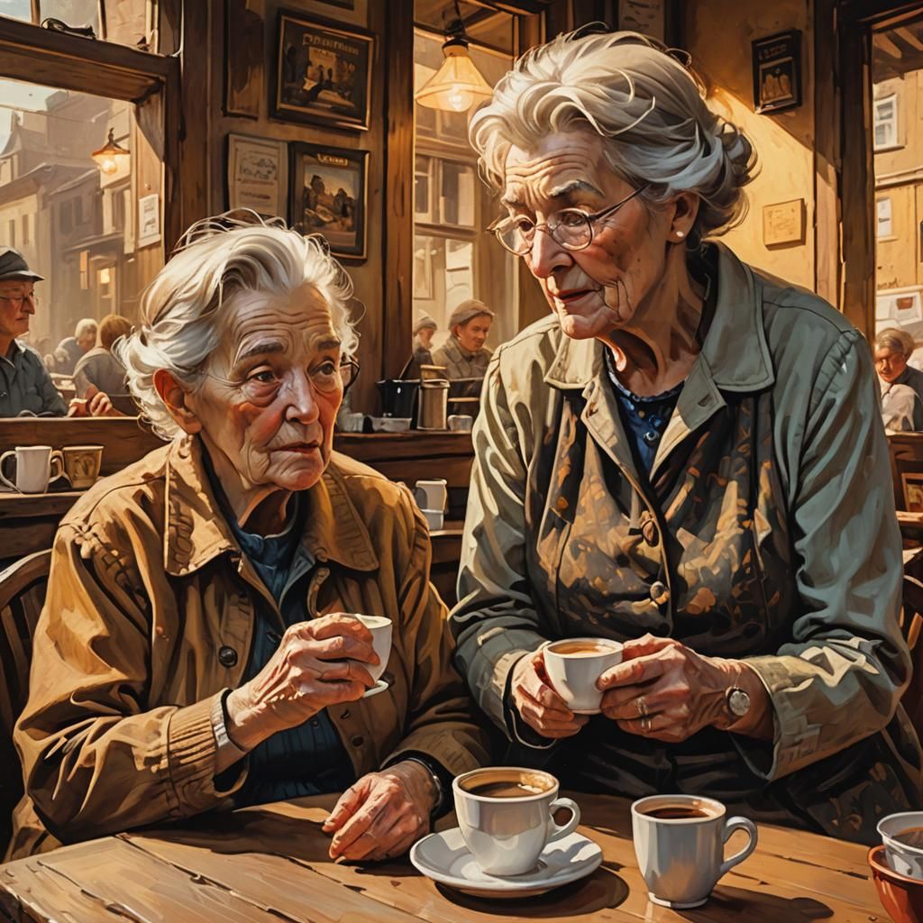 Two Ladies Chatting: Oil Painting in Comic Book Style