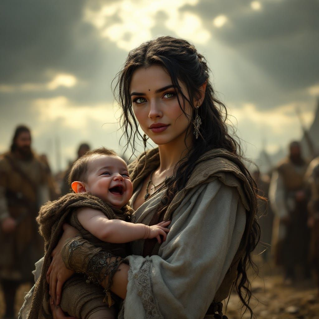 Medieval Mother and Child in Sunlight, Hyper-Realistic Style