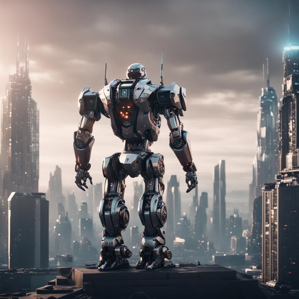 Towering Robot Overlooking Futuristic Megacity in 8K