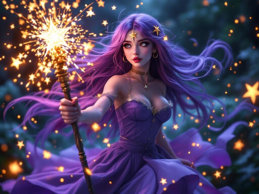 Anime Girl with Magic Staff in Fractal Art Style