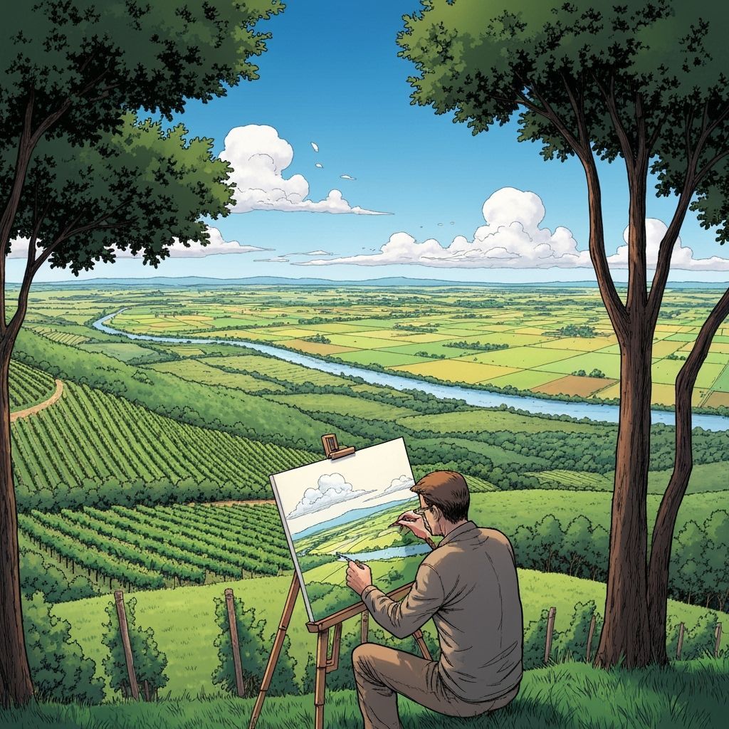 Artist Sketches Vineyard Landscape on Placid River Plain