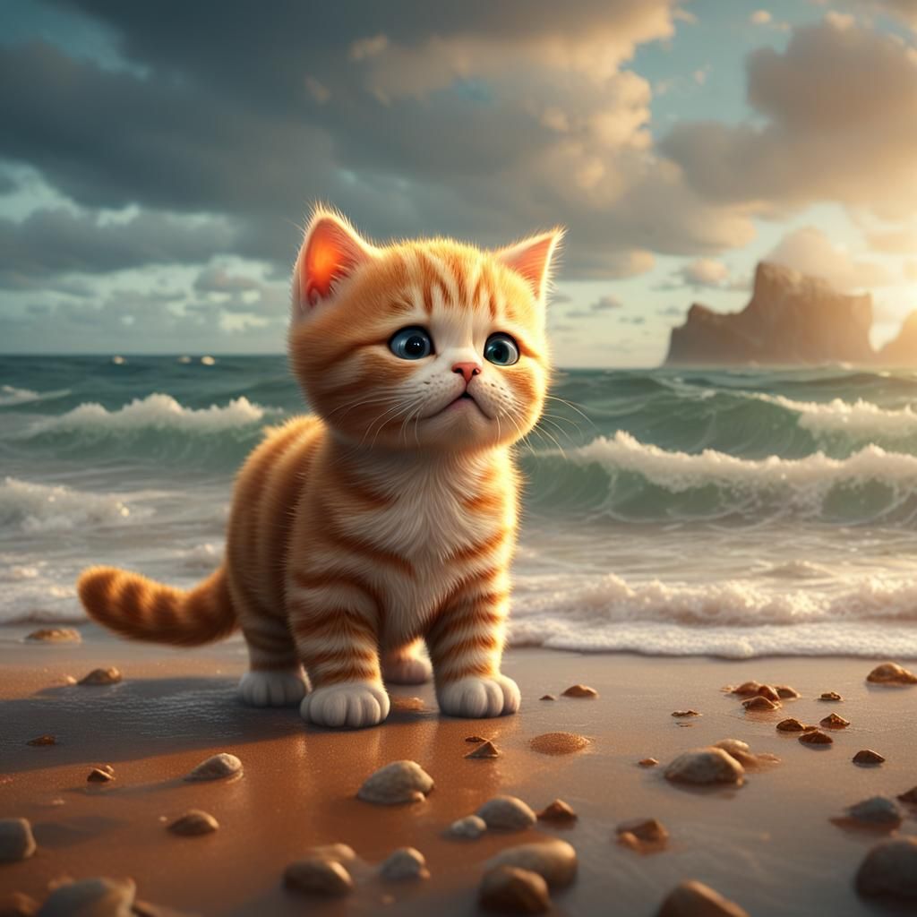 Sad Kitten on the Beach: 3D Render
