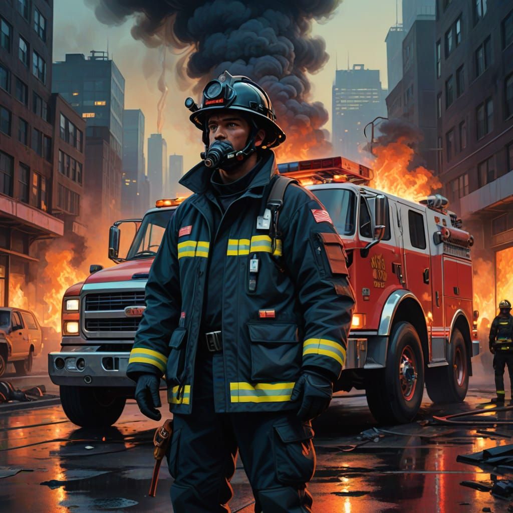 Firefighter Standing Proudly Beside Futuristic Fire Engine
