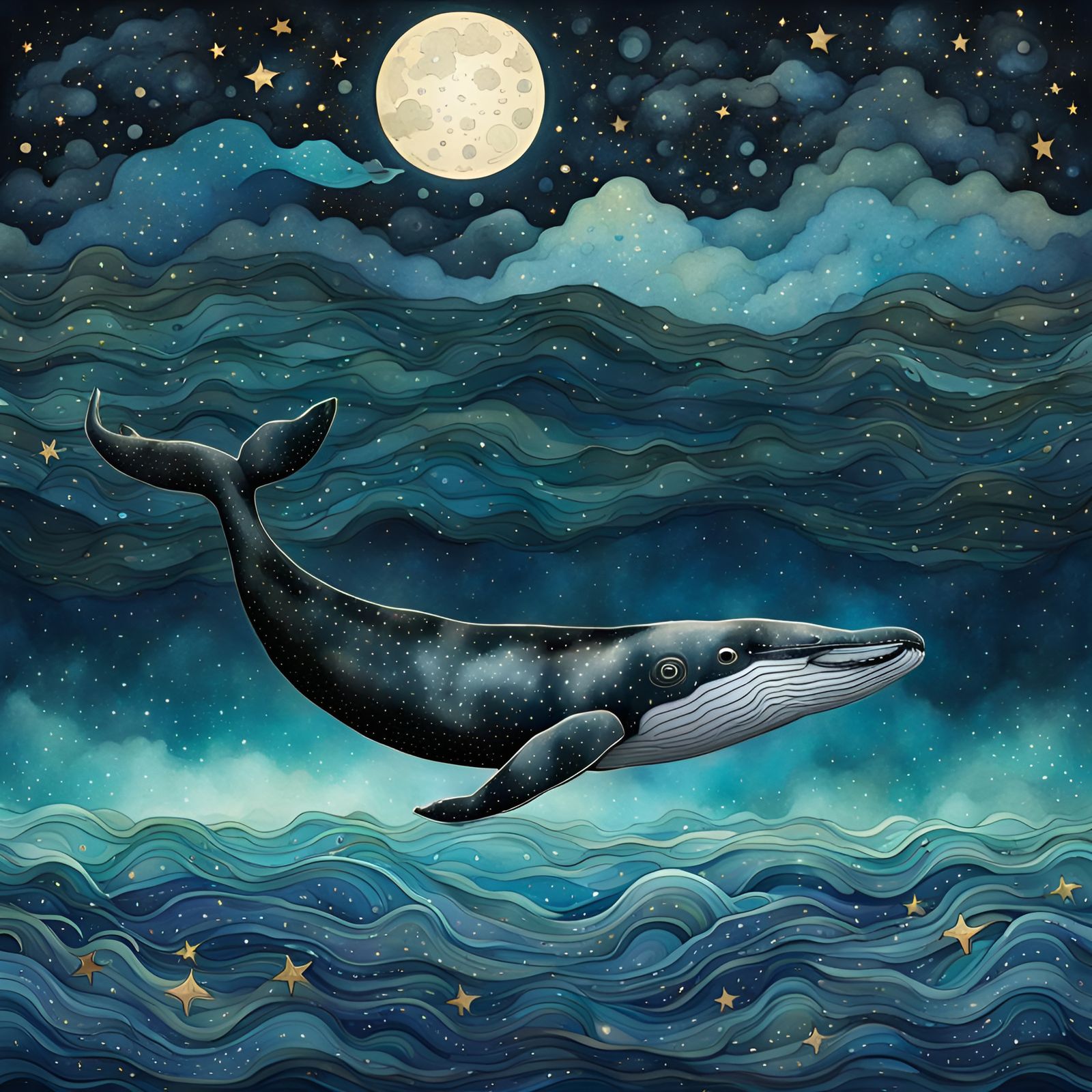 Whale Swimming Under Twinkling Stars in Watercolor