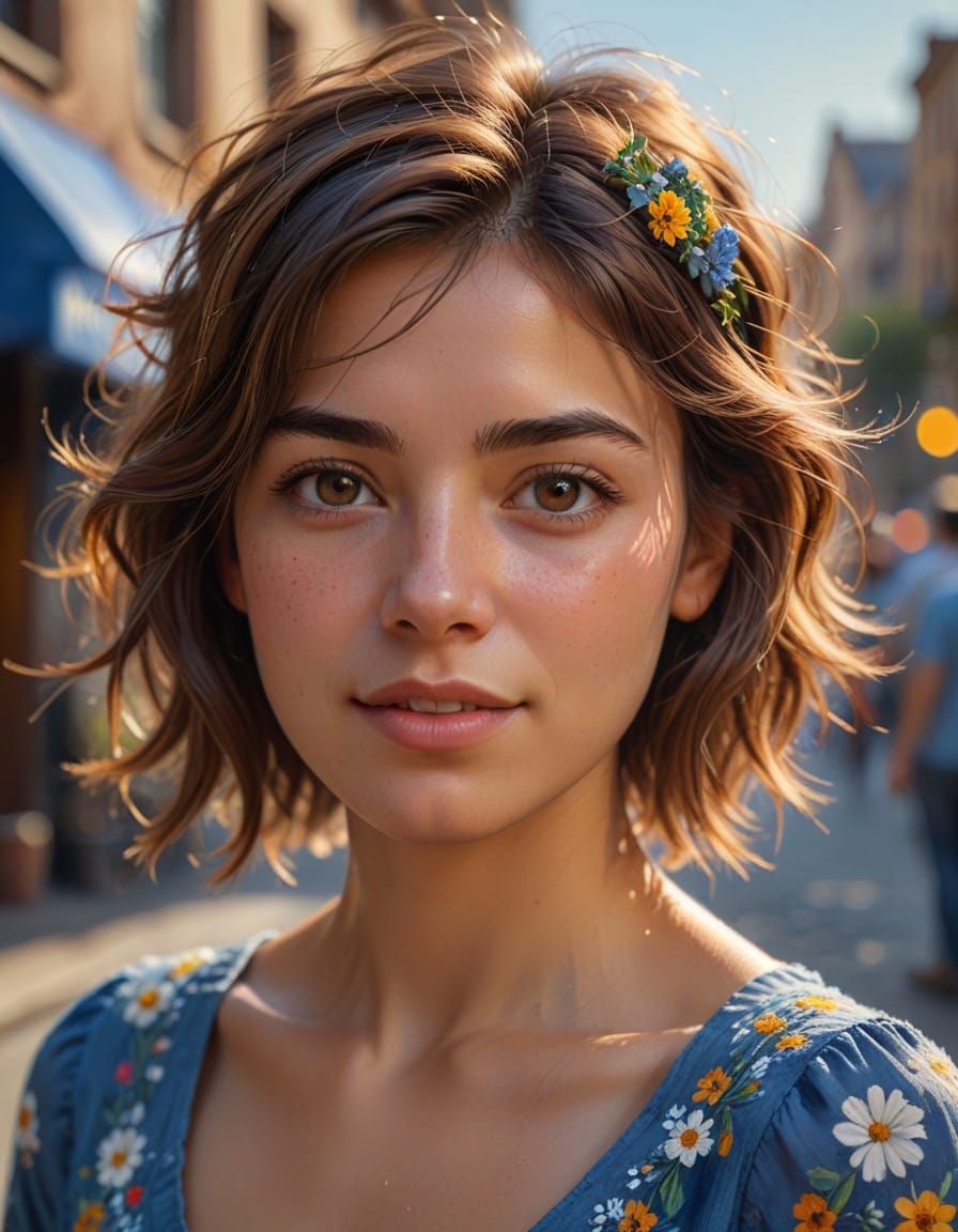 Hyper-Realistic Portrait of a Young Woman in a Sunny City