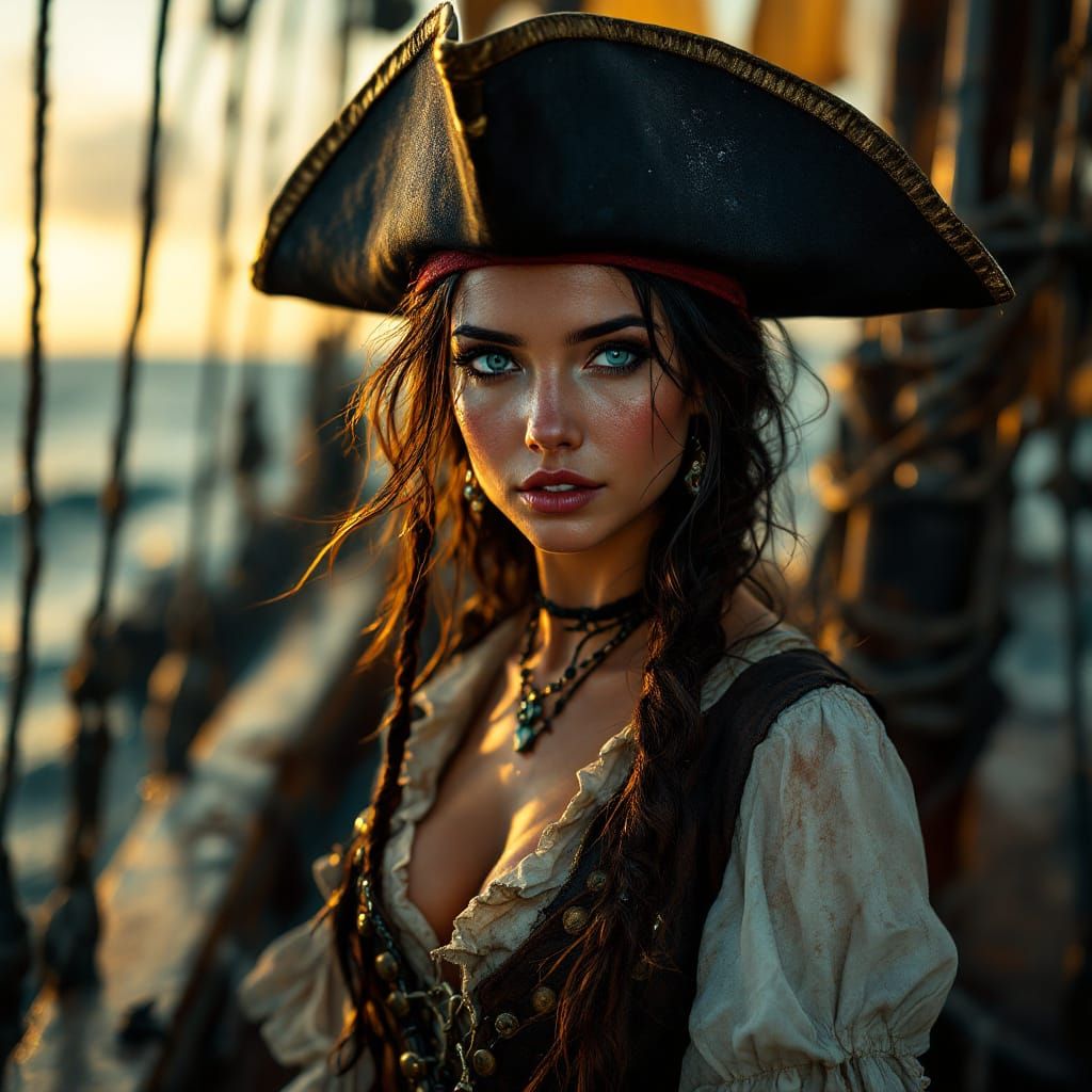 Photorealistic Pirate Captain on Ship Deck