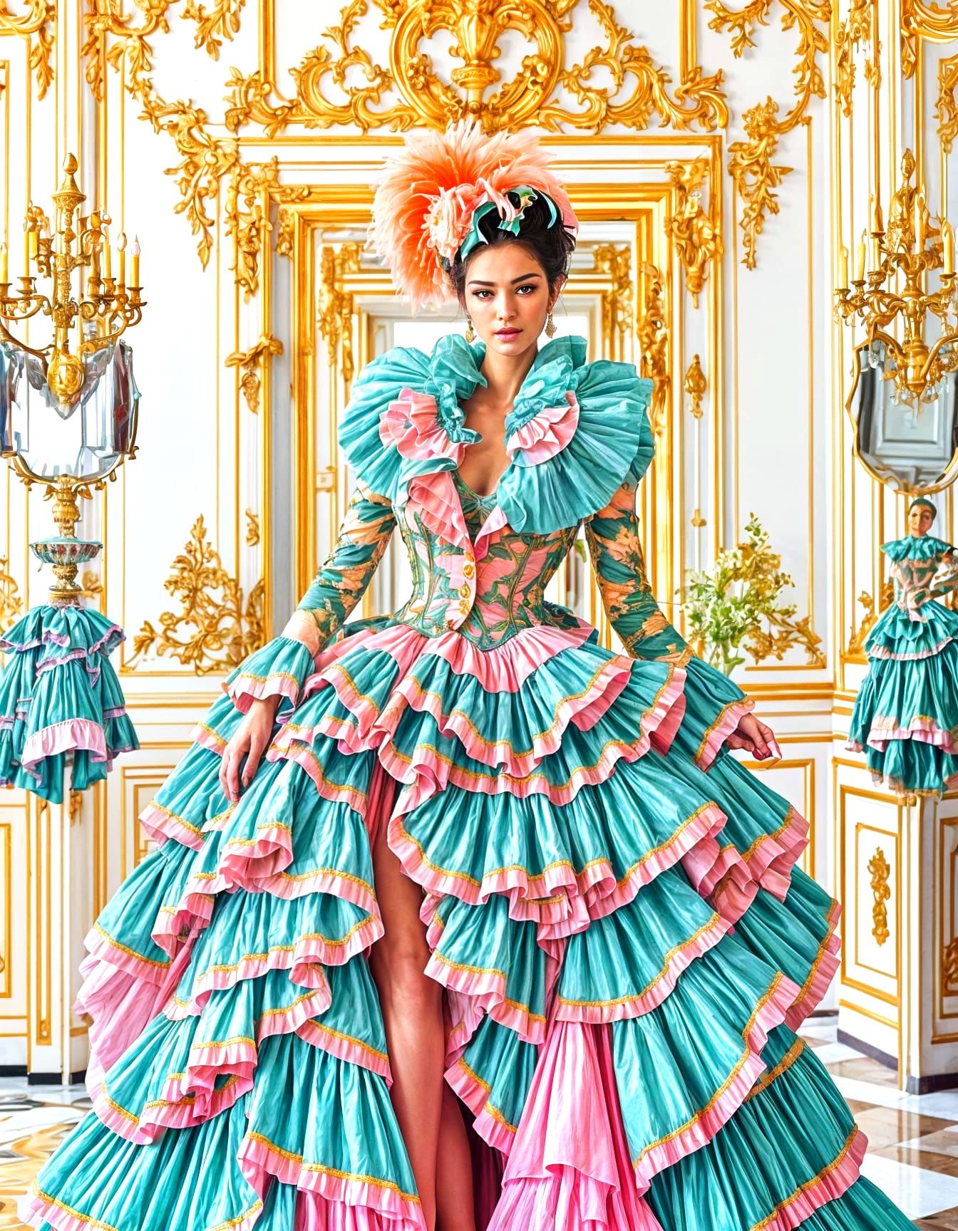 Lady in Extravagant Dress in Rococo Style