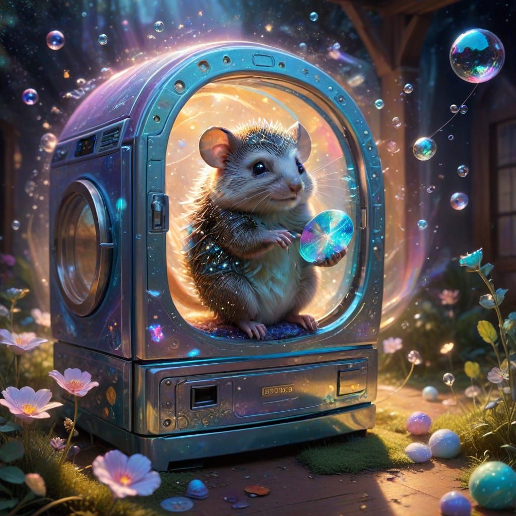 Whimsical Washing Machine Scene in Dreamy, Magical Style
